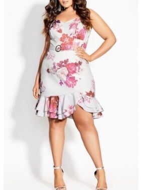City Chic Pink Sakura Floral Belted Ruffle Hem Mini Dress